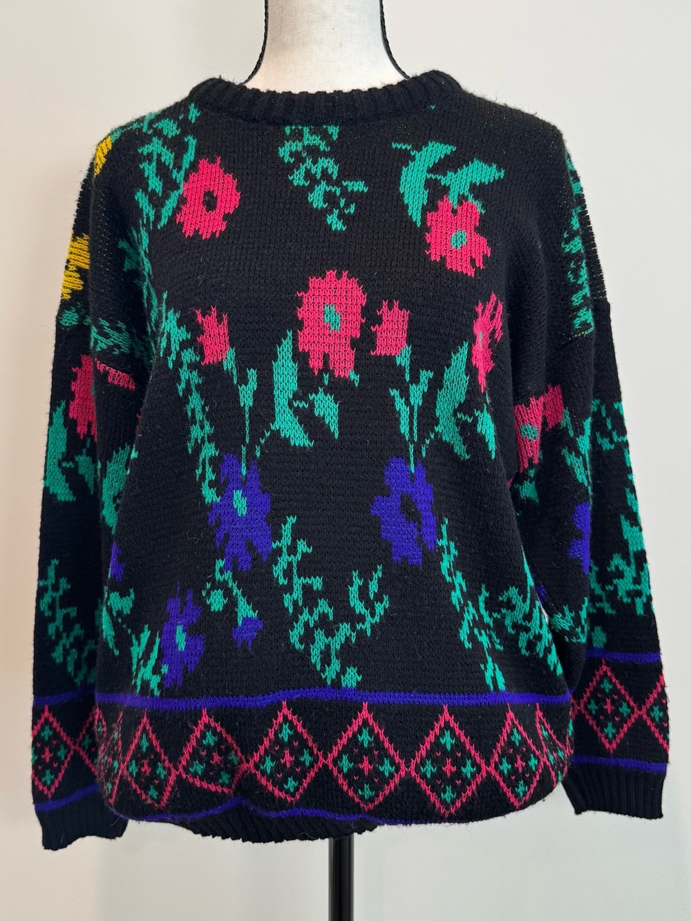Vintage 80s Floral Sweater Black Neon Knit Made USA Helen Sue Cottagecore Retro